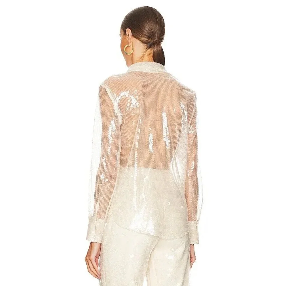 More To Come Revolve Ivory Sequin 2 Piece Sheer Button Down Shirt Pants Set M/L - Picture 3 of 11
